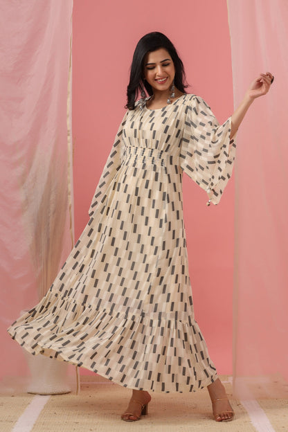 Women`s Cream Georgette Checks Flared Dress
