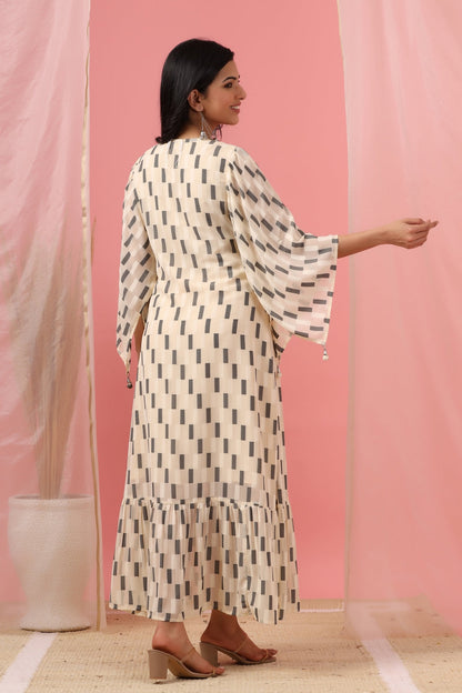 Women`s Cream Georgette Checks Flared Dress