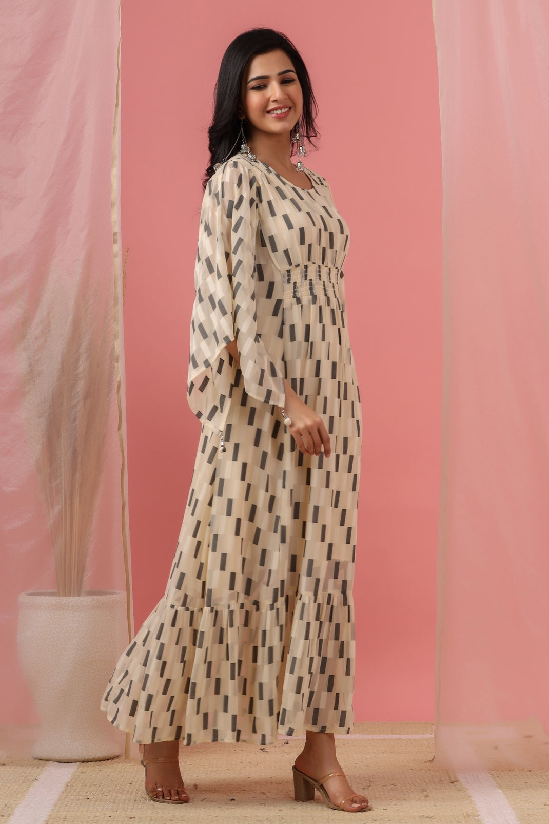 Women`s Cream Georgette Checks Flared Dress