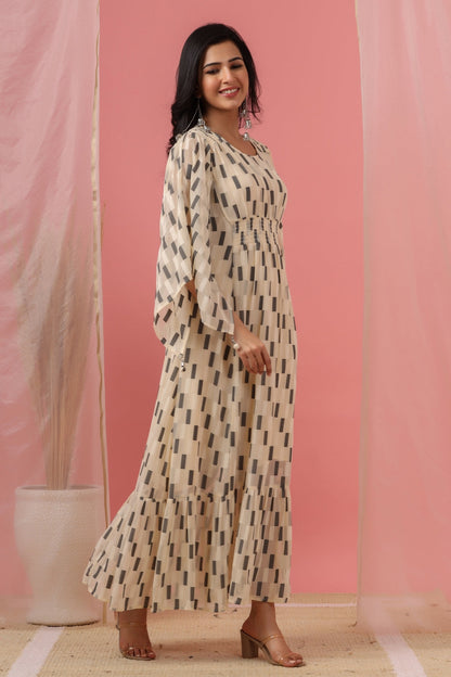 Women`s Cream Georgette Checks Flared Dress