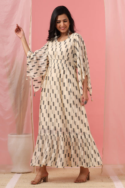 Women`s Cream Georgette Checks Flared Dress