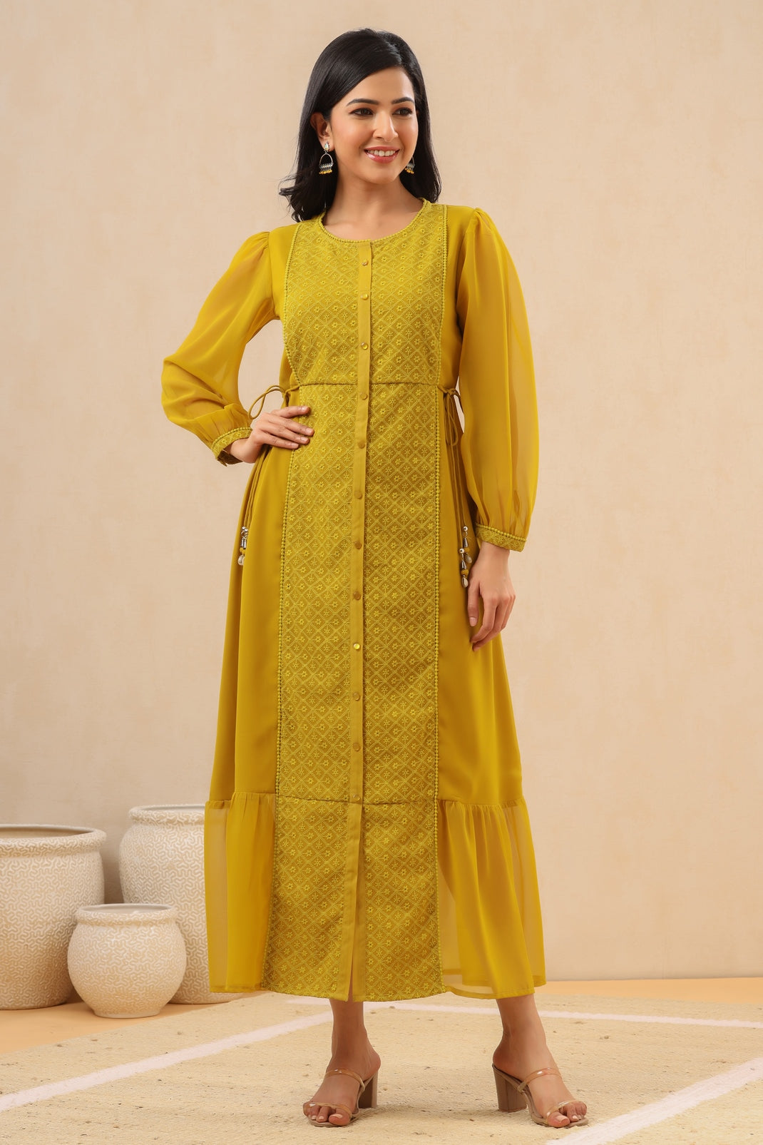 Women`s Mustard Georgette Embroidered A-Line Dress