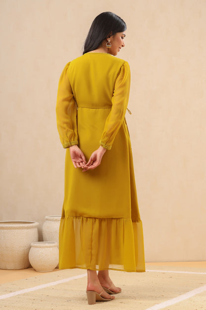 Women`s Mustard Georgette Embroidered A-Line Dress