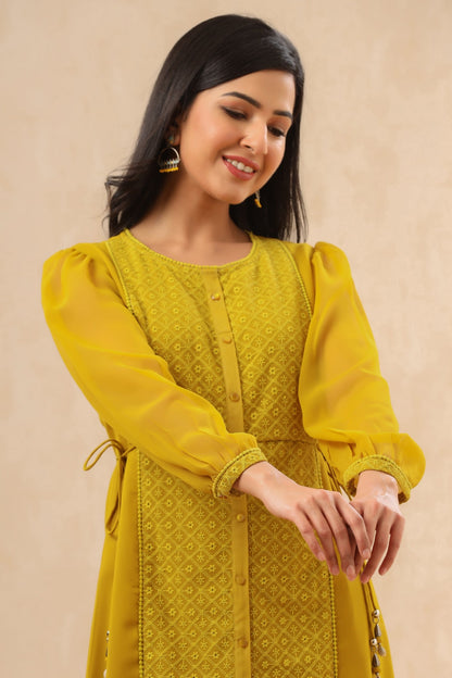 Women`s Mustard Georgette Embroidered A-Line Dress