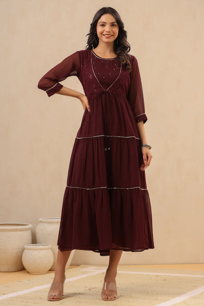 Women`s Burgundy Georgette Embroidered Tiered Dress