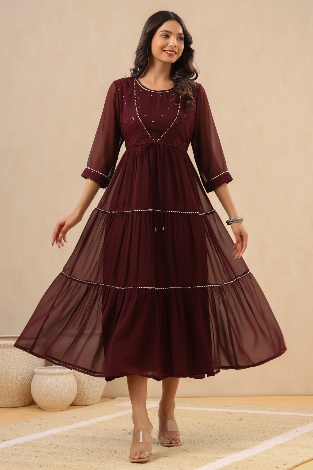 Women`s Burgundy Georgette Embroidered Tiered Dress