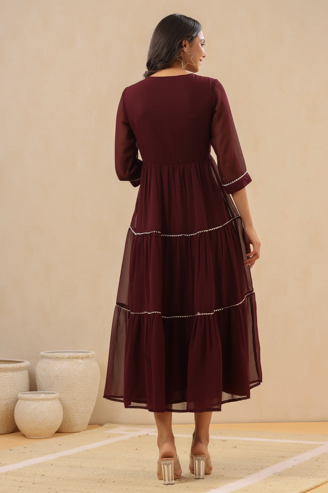 Women`s Burgundy Georgette Embroidered Tiered Dress