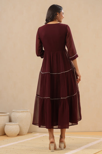 Women`s Burgundy Georgette Embroidered Tiered Dress
