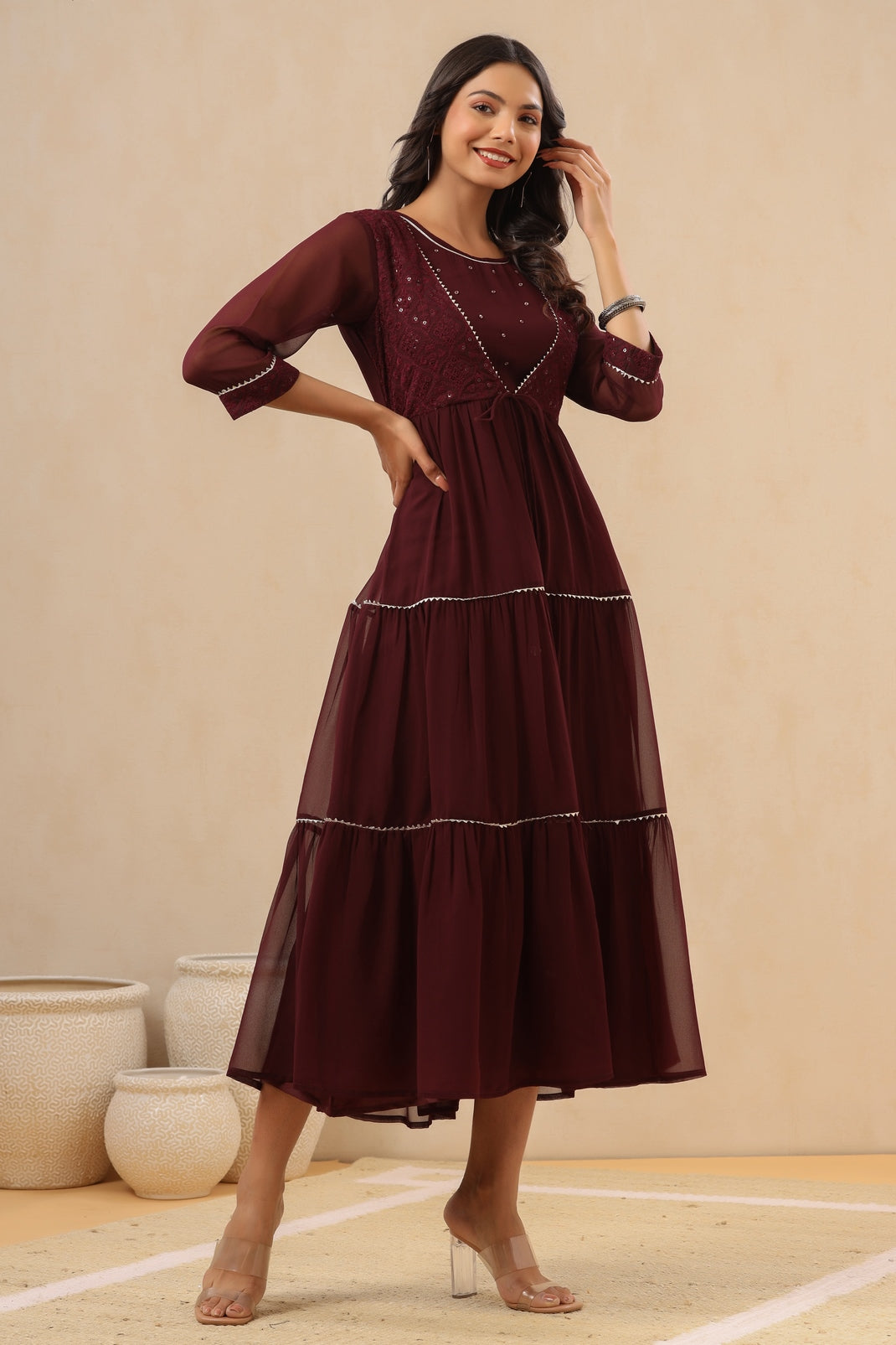 Women`s Burgundy Georgette Embroidered Tiered Dress