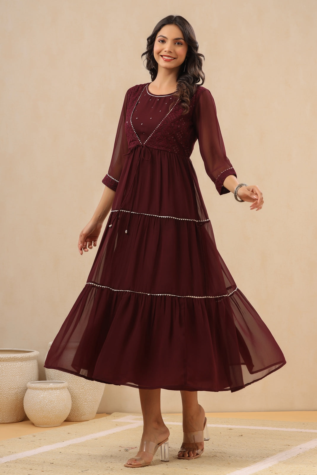 Women`s Burgundy Georgette Embroidered Tiered Dress