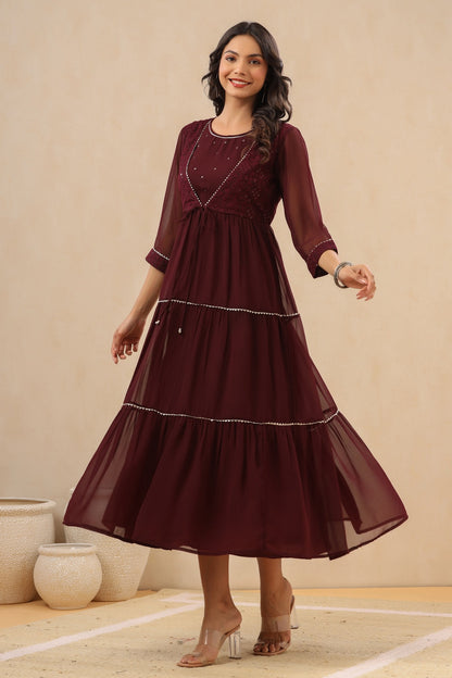 Women`s Burgundy Georgette Embroidered Tiered Dress
