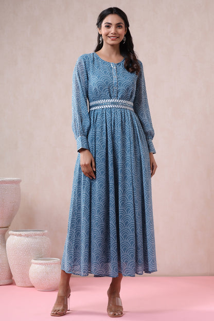 Women`s Teal Georgette Printed Flared Dress