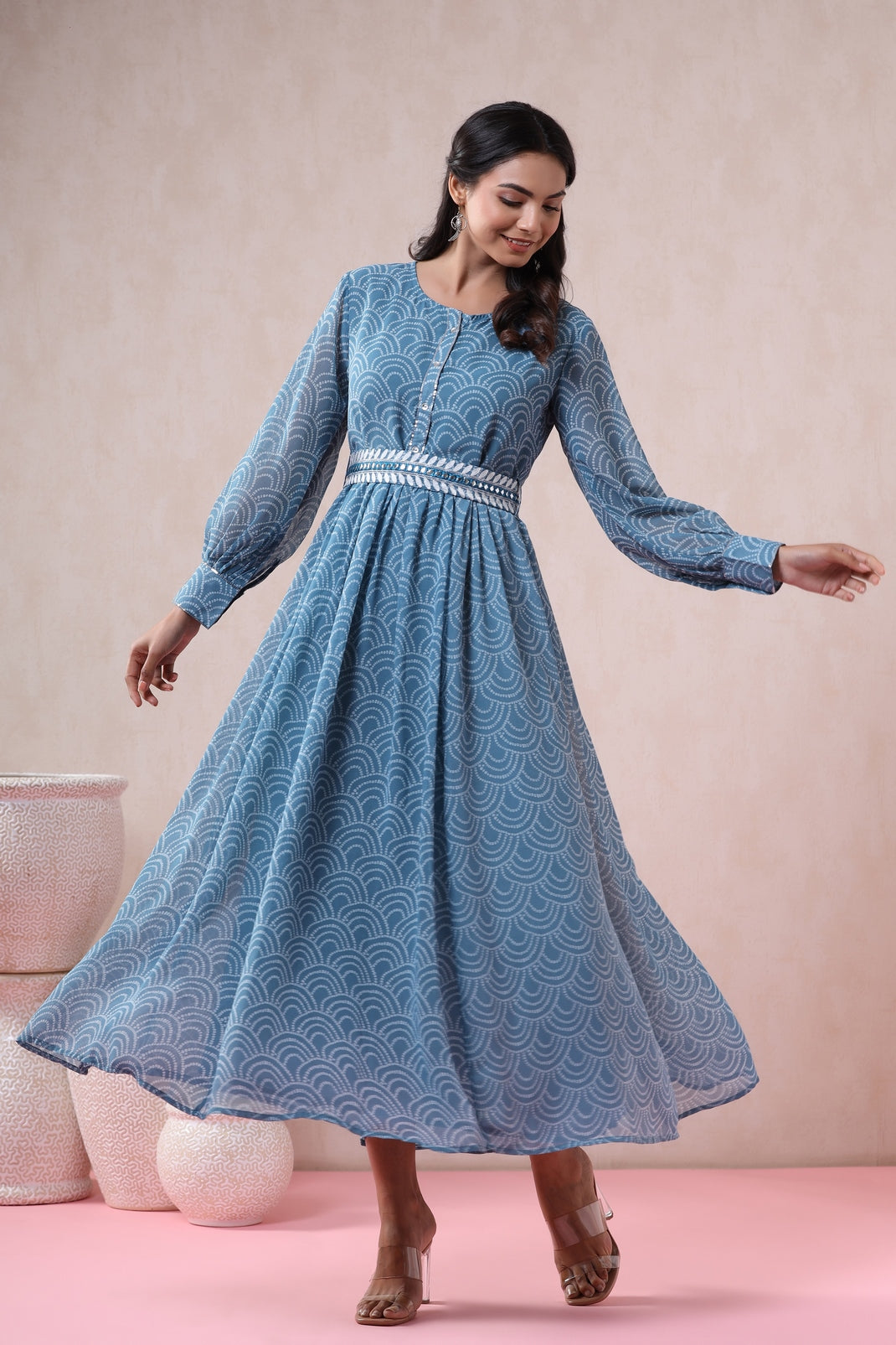 Women`s Teal Georgette Printed Flared Dress