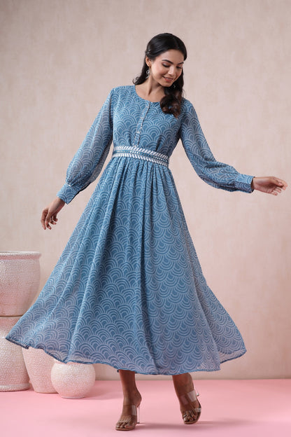 Women`s Teal Georgette Printed Flared Dress