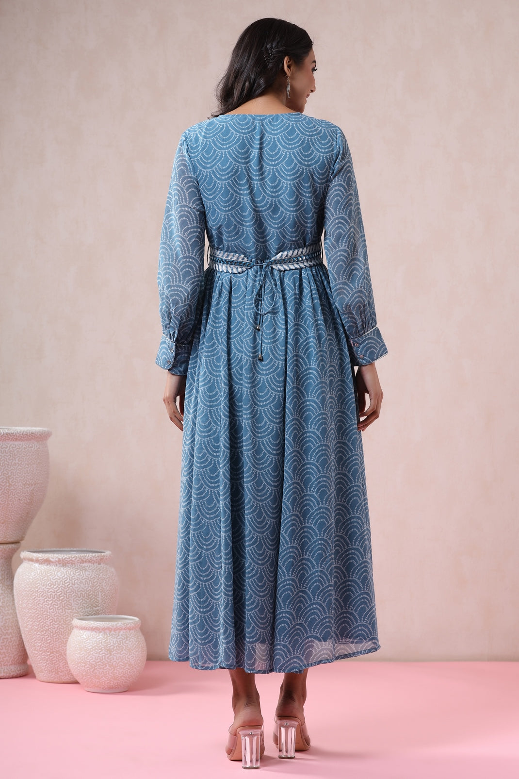 Women`s Teal Georgette Printed Flared Dress