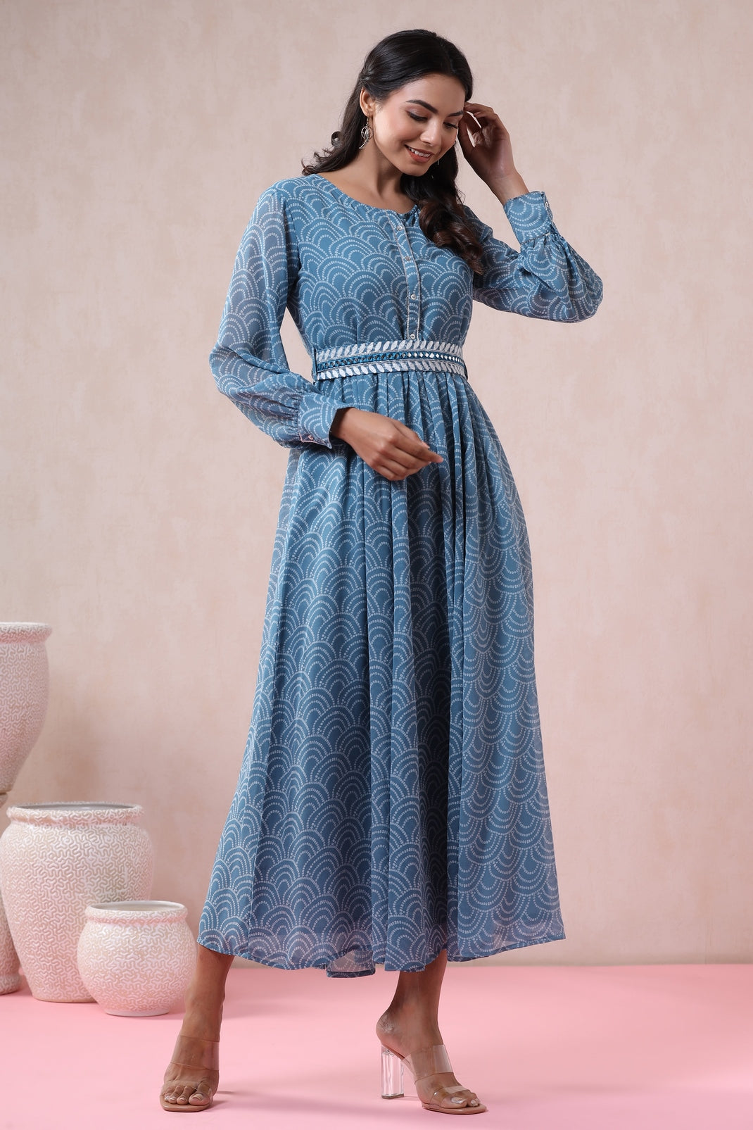 Women`s Teal Georgette Printed Flared Dress