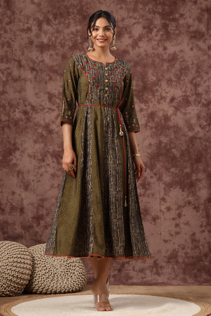 Women`s Olive Chanderi Silk Embroidered Anarkali Dress