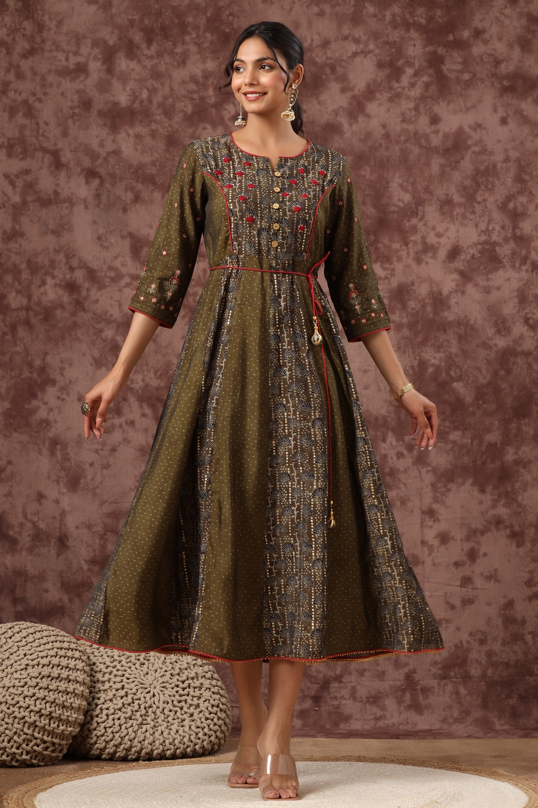 Women`s Olive Chanderi Silk Embroidered Anarkali Dress