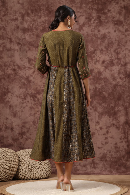 Women`s Olive Chanderi Silk Embroidered Anarkali Dress