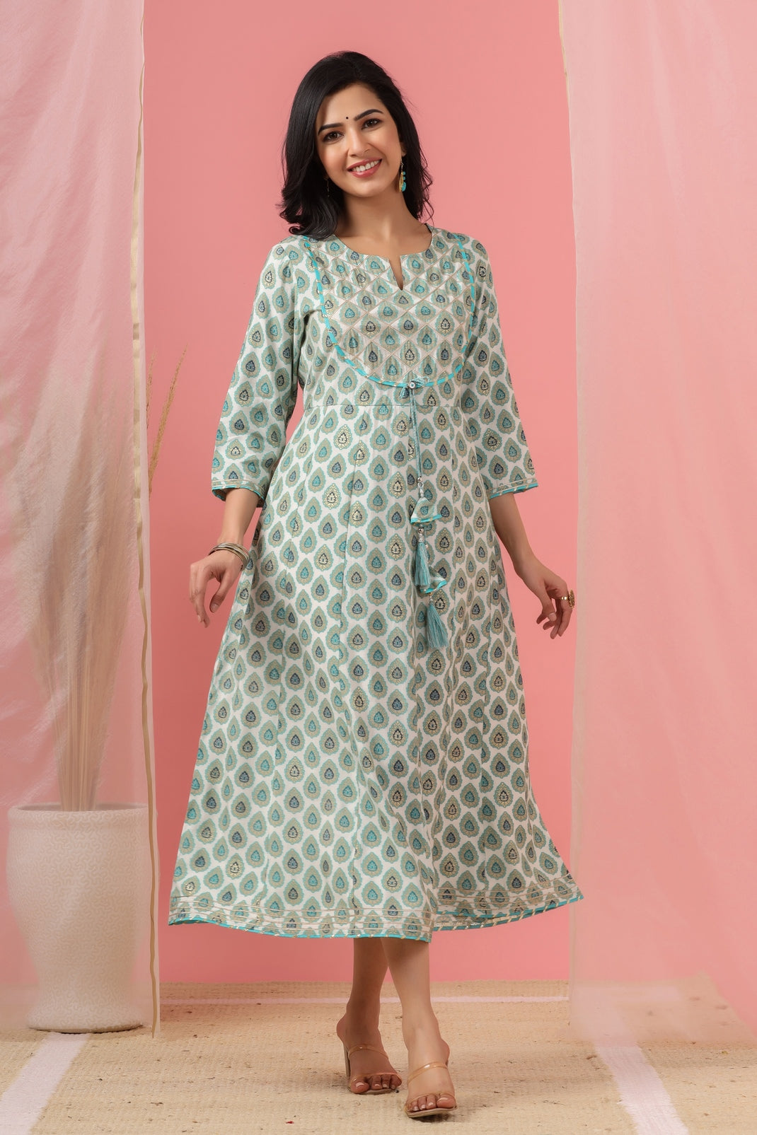 Women`s Sky Blue Chanderi Silk Printed Flared Dress