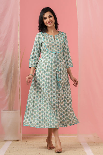 Women`s Sky Blue Chanderi Silk Printed Flared Dress
