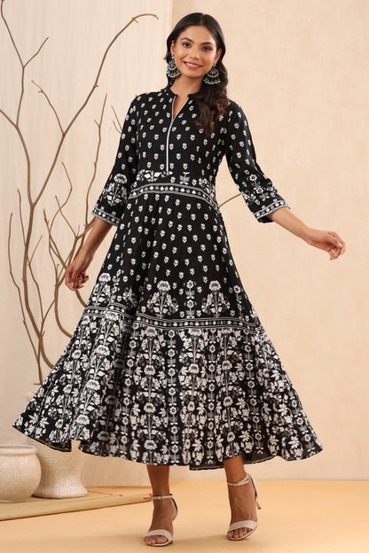 Women`s Black Rayon Printed A-Line Dress