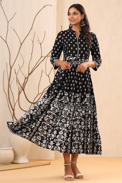 Women`s Black Rayon Printed A-Line Dress