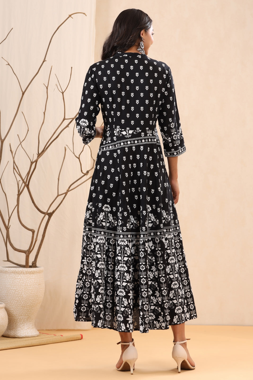 Women`s Black Rayon Printed A-Line Dress