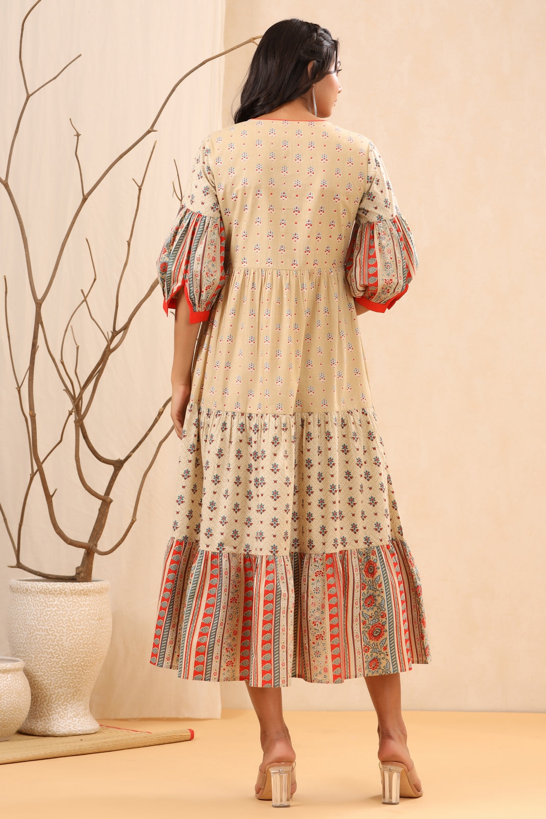 Women`s Beige Cambric Printed Tiered Dress