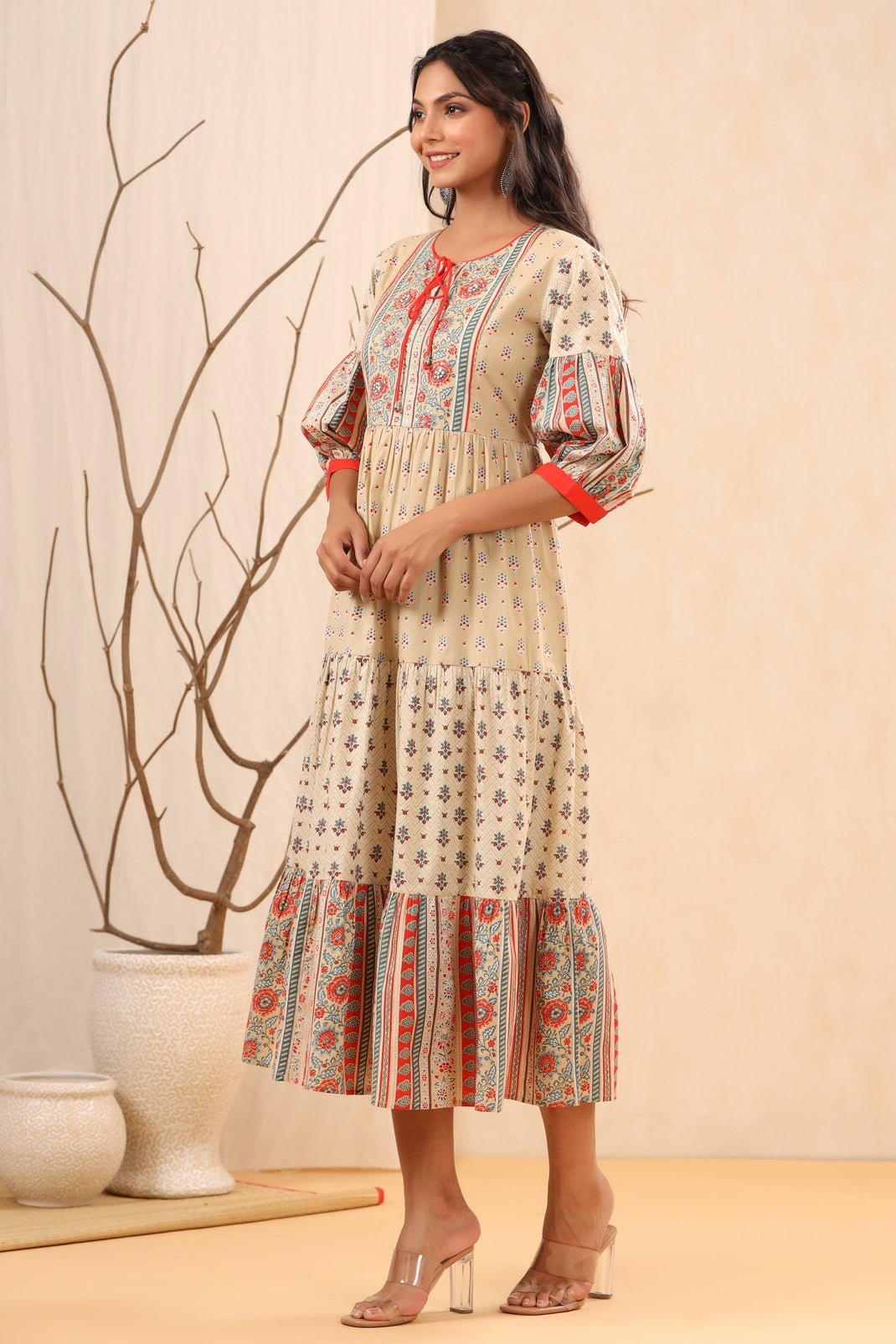 Women`s Beige Cambric Printed Tiered Dress