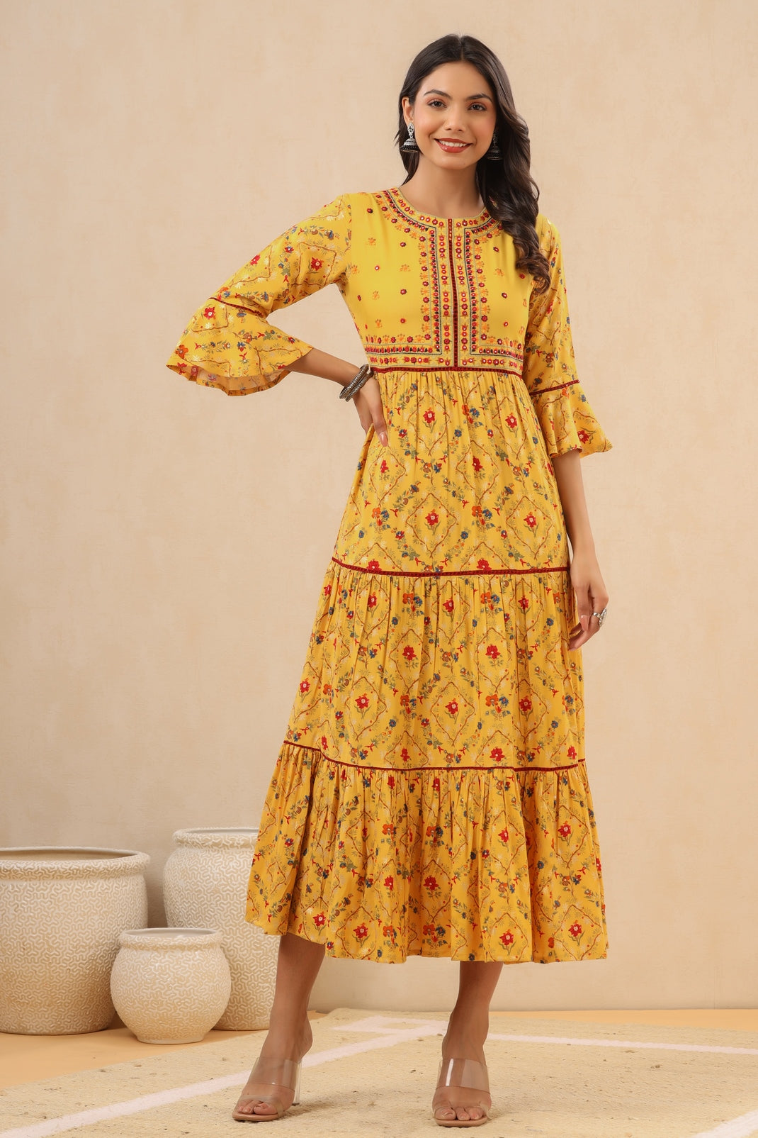 Women`s Yellow Rayon Embroidered & Printed Tiered Dress