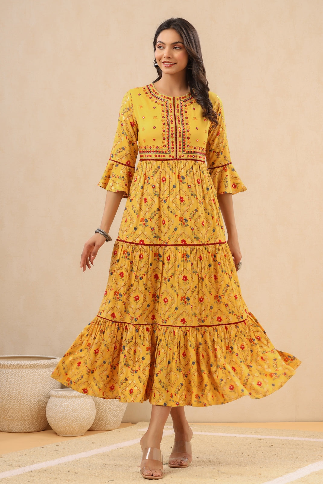 Women`s Yellow Rayon Embroidered & Printed Tiered Dress