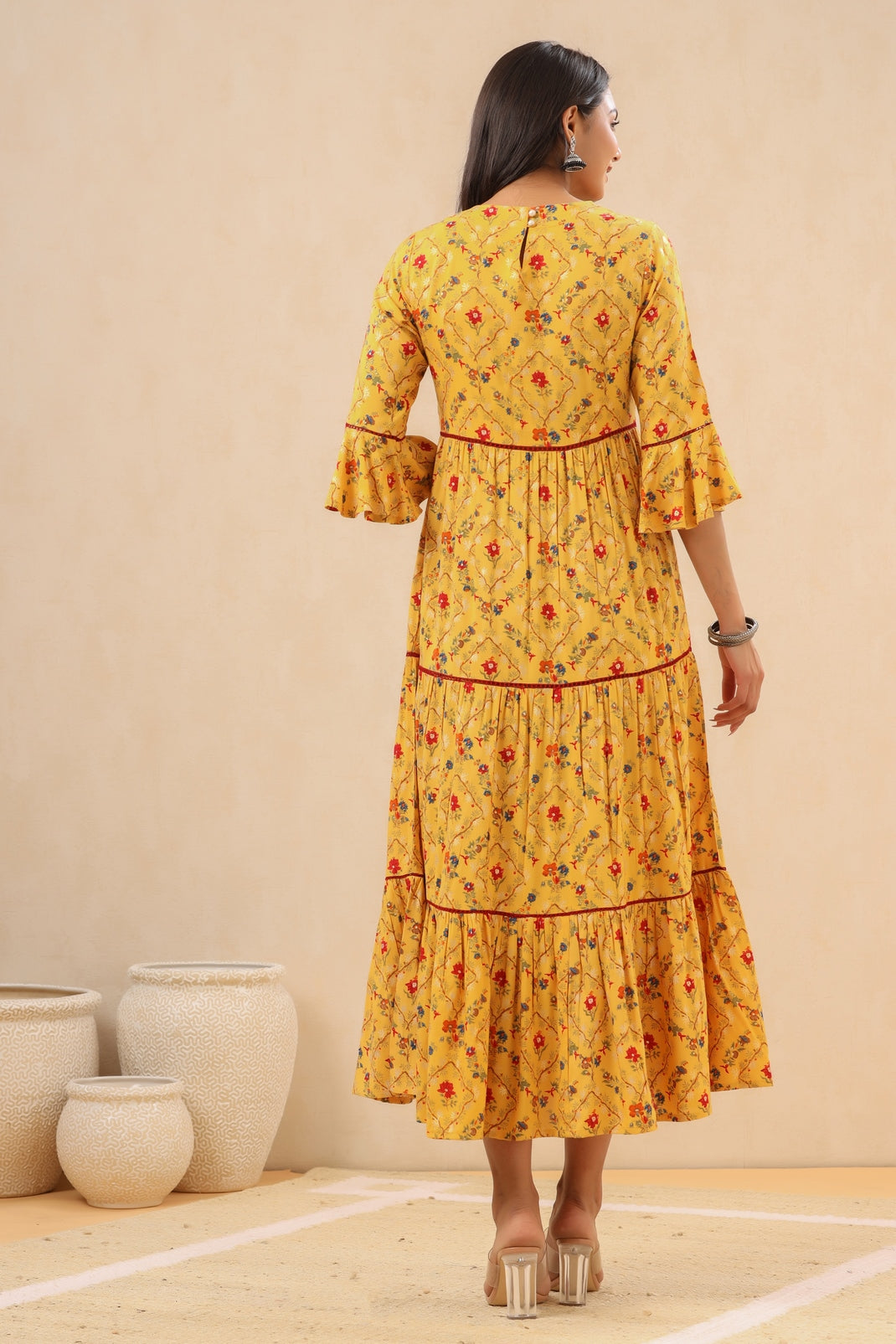 Women`s Yellow Rayon Embroidered & Printed Tiered Dress