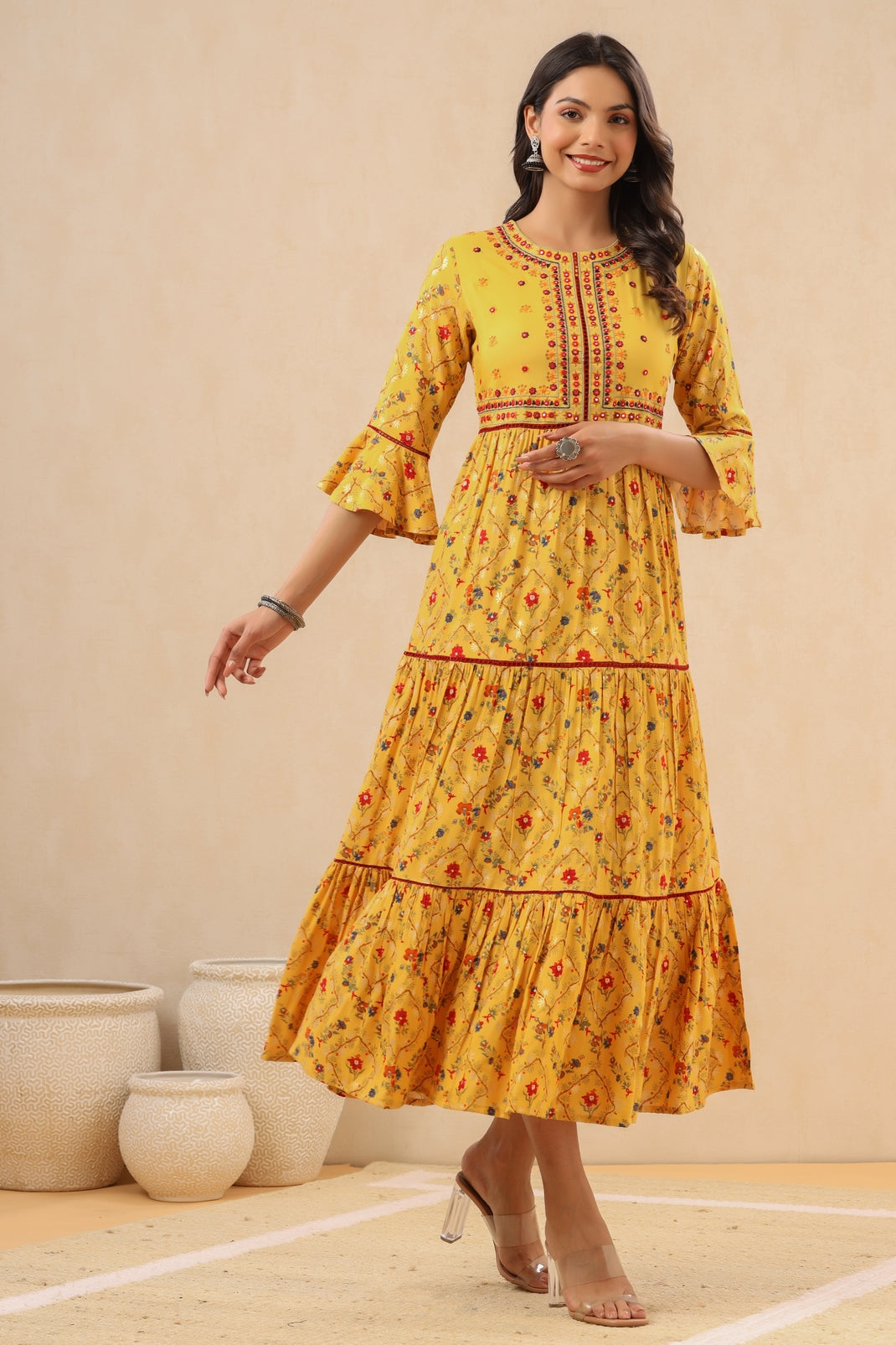 Women`s Yellow Rayon Embroidered & Printed Tiered Dress