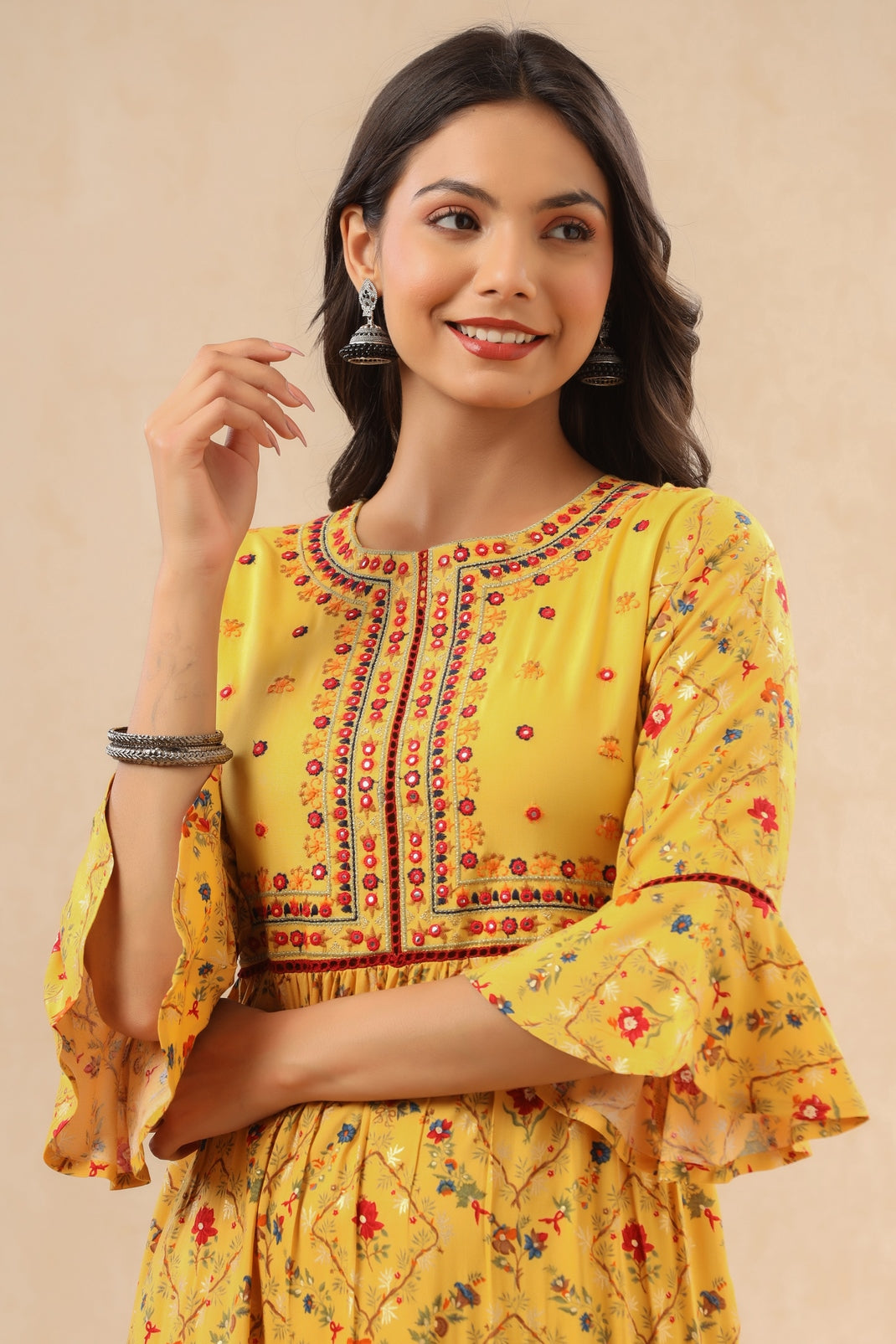 Women`s Yellow Rayon Embroidered & Printed Tiered Dress