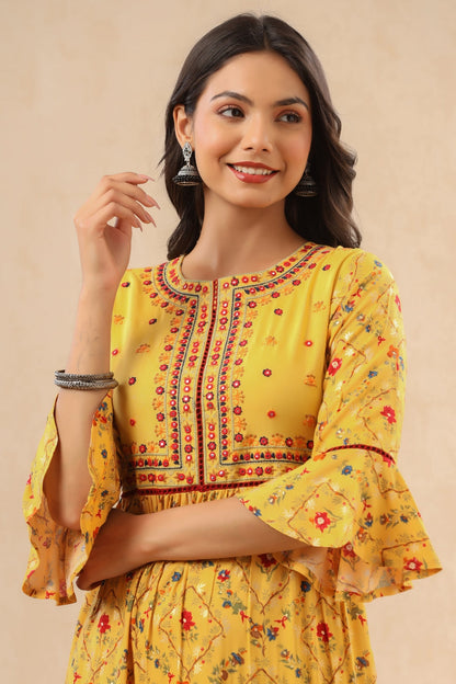 Women`s Yellow Rayon Embroidered & Printed Tiered Dress