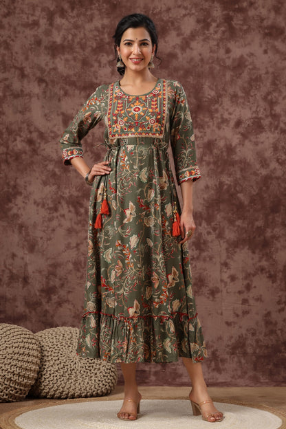 Women`s Mehandigreen Rayon Embroidered & Printed Tiered Dress