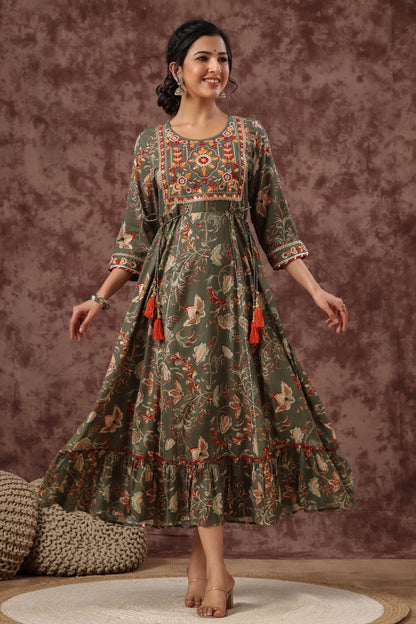 Women`s Mehandigreen Rayon Embroidered & Printed Tiered Dress