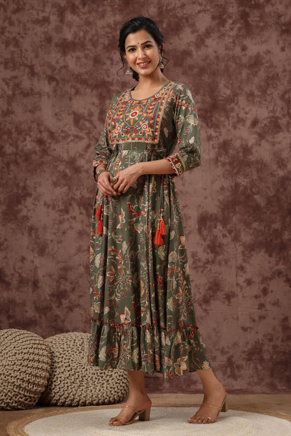 Women`s Mehandigreen Rayon Embroidered & Printed Tiered Dress