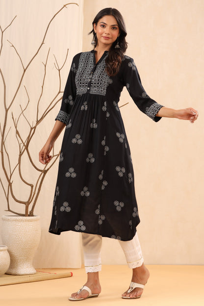 Women`s Black Rayon Printed Flared Dress