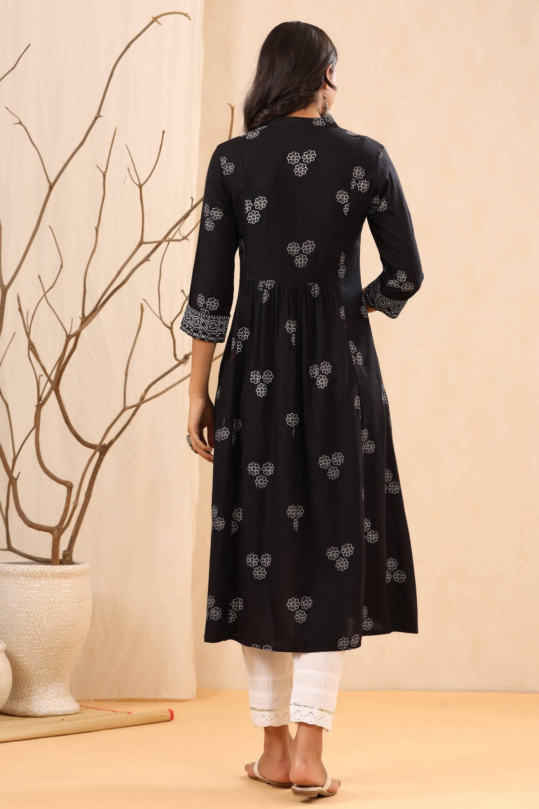 Women`s Black Rayon Printed Flared Dress