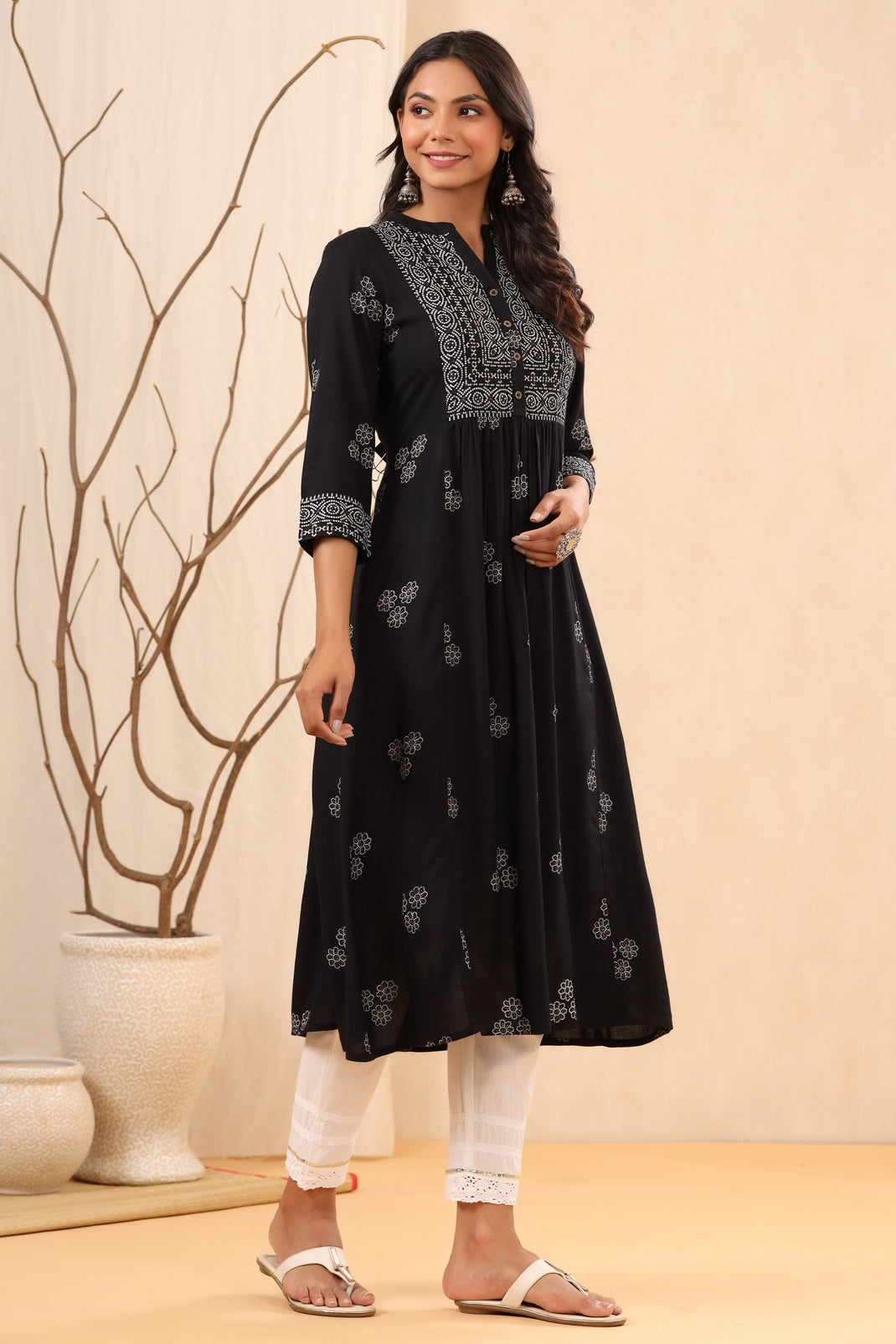 Women`s Black Rayon Printed Flared Dress