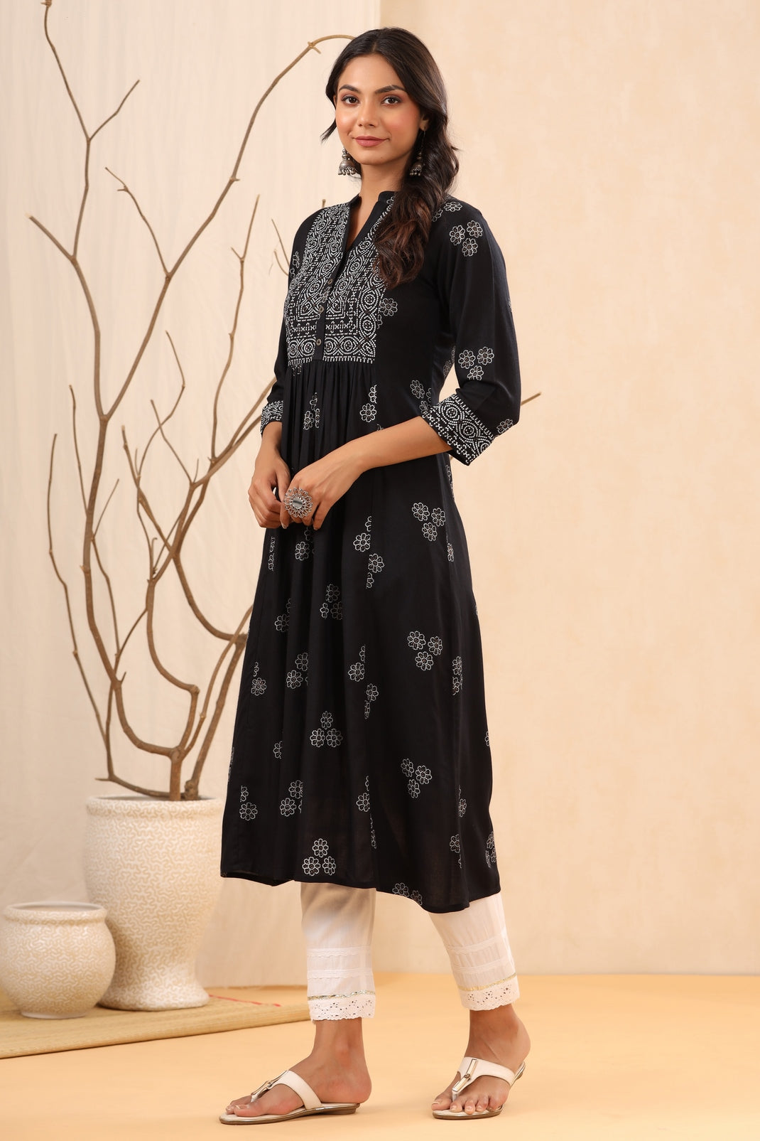 Women`s Black Rayon Printed Flared Dress