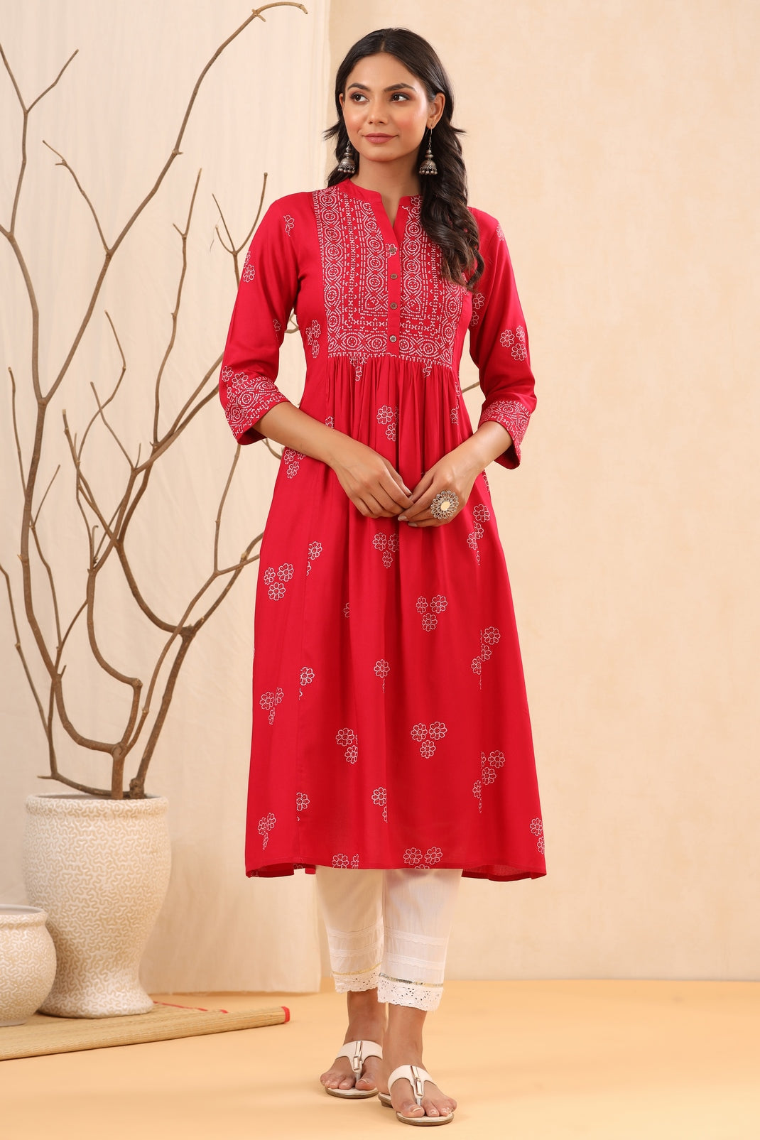Women`s Fuchsia Rayon Printed Flared Dress