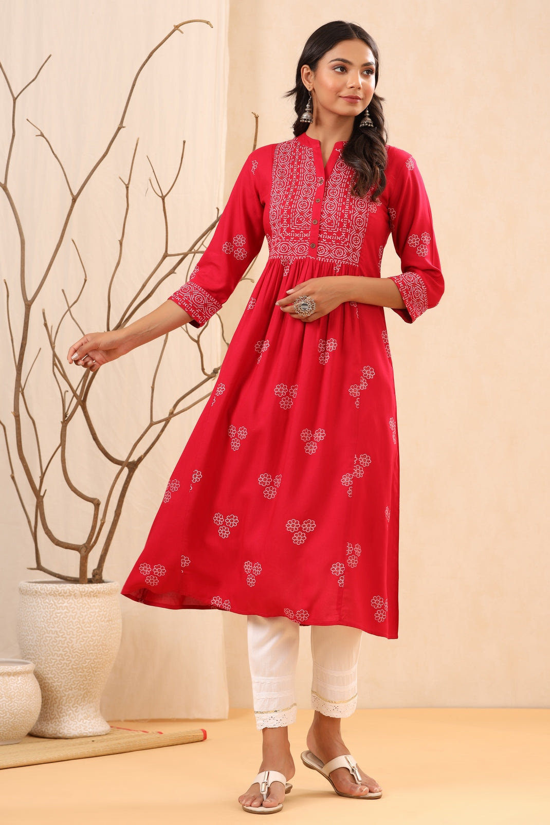 Women`s Fuchsia Rayon Printed Flared Dress