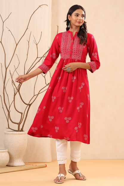 Women`s Fuchsia Rayon Printed Flared Dress
