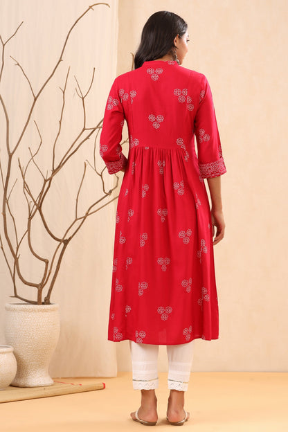 Women`s Fuchsia Rayon Printed Flared Dress