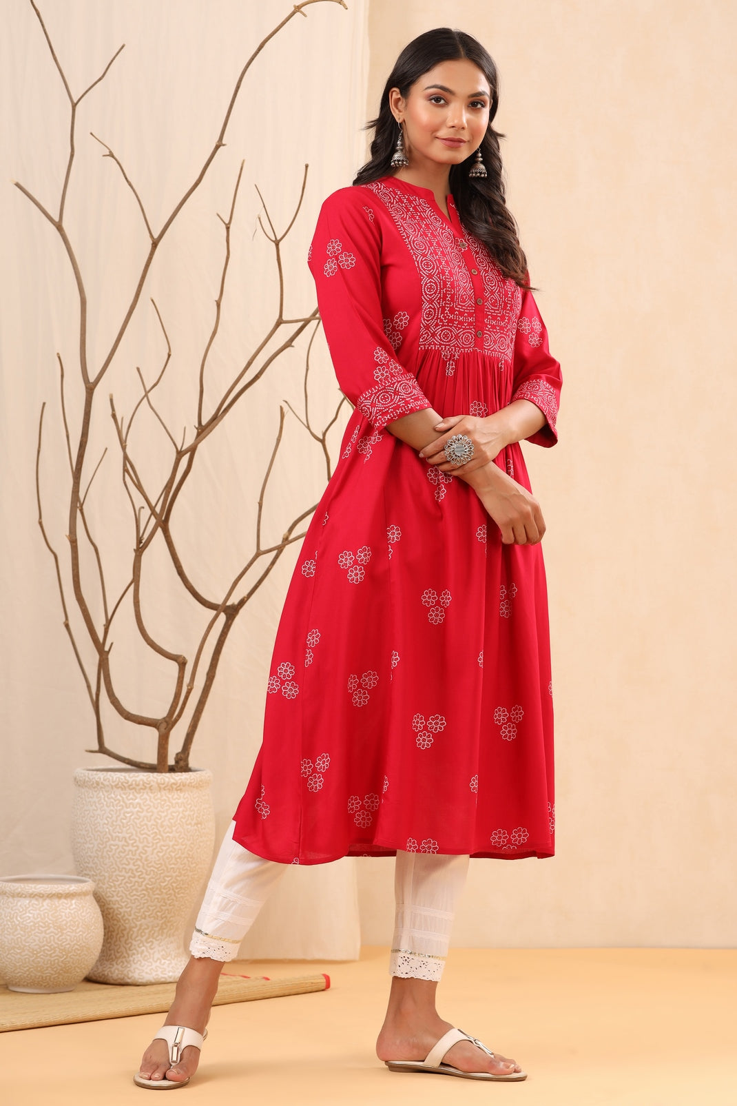 Women`s Fuchsia Rayon Printed Flared Dress