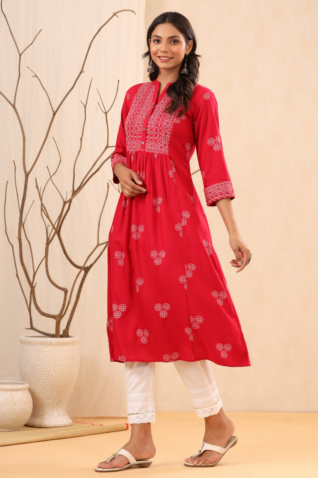 Women`s Fuchsia Rayon Printed Flared Dress