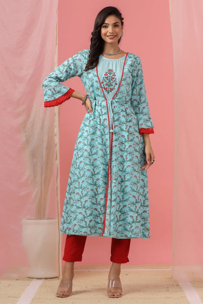 Women`s Skyblue Rayon Embroidered & Printed Flared Dress